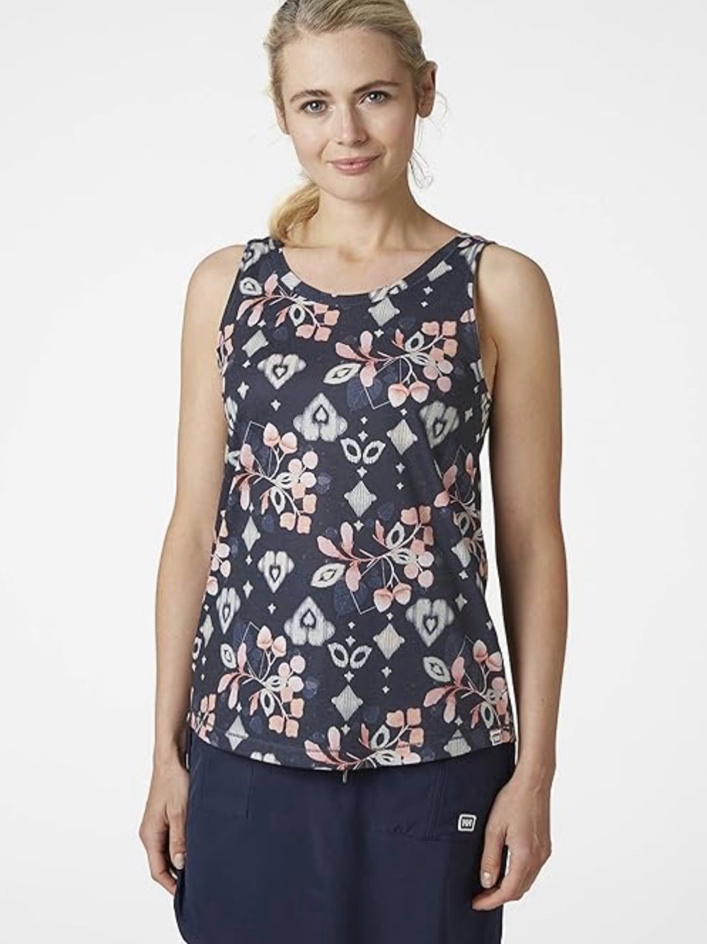 Helly Hansen Women's Lia singlet in navy with a floral & geometric tank top. LG